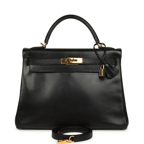Vintage Hermes Kelly Retourne 32 Black Box Gold Hardware