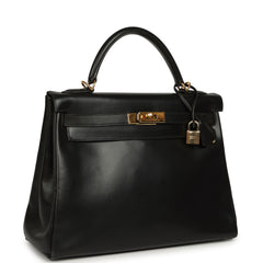 Vintage Hermes Kelly Retourne 32 Black Box Gold Hardware