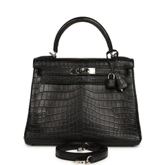 Pre-owned Hermes Kelly Retourne 28 Black Matte Niloticus Crocodile Palladium Hardware