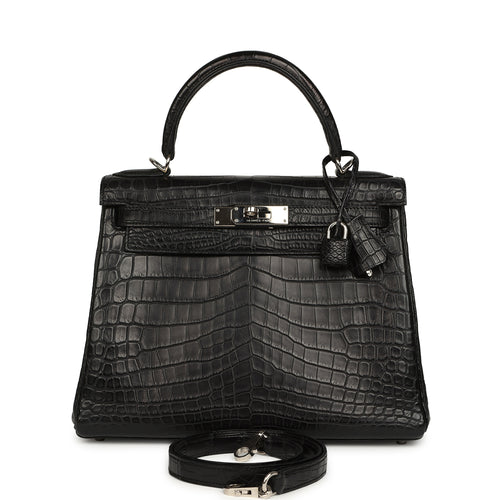 Pre-owned Hermes Kelly Retourne 28 Black Matte Niloticus Crocodile Palladium Hardware