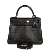 Pre-owned Hermes Kelly Retourne 28 Black Matte Niloticus Crocodile Palladium Hardware - Thumbnail View 1