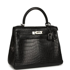Pre-owned Hermes Kelly Retourne 28 Black Matte Niloticus Crocodile Palladium Hardware