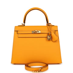 Hermes Special Order (HSS) Kelly Sellier 25 Jaune D'Or Verso Epsom Gold Hardware