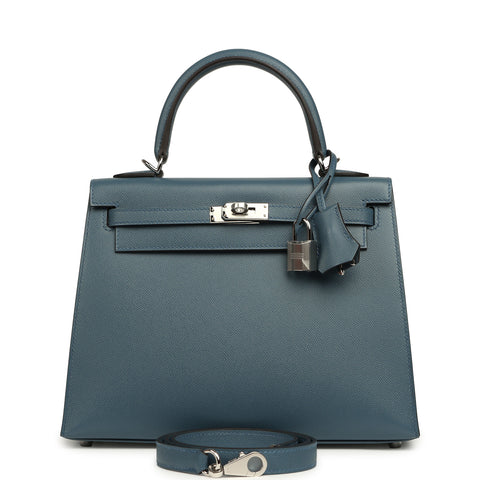Hermes Kelly Sellier 25 Bleu Tempette Madame Palladium Hardware
