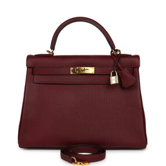 Vintage Hermes Kelly Retourne 32 Rouge H Fjord Gold Hardware