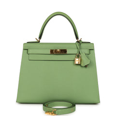 Pre-owned Hermes Kelly Sellier 28 Vert Criquet Epsom Gold Hardware