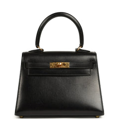 Vintage Hermes Kelly Sellier 20 Black Box Gold Hardware