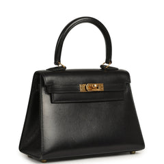 Vintage Hermes Kelly Sellier 20 Black Box Gold Hardware