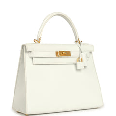 Pre-owned Hermes Special Order (HSS) Kelly Sellier 28 White Epsom Brushed Gold Hardware