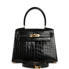 Vintage Hermes Kelly Sellier 20 Black Shiny Alligator Mississippiensis Gold Hardware