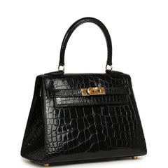 Vintage Hermes Kelly Sellier 20 Black Shiny Alligator Mississippiensis Gold Hardware