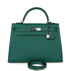 Pre-owned Hermes Kelly Sellier 32 Malachite Epsom Palladium Hardware