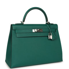 Pre-owned Hermes Kelly Sellier 32 Malachite Epsom Palladium Hardware