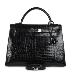 Vintage Hermes Kelly Sellier 32 Black Shiny Porosus Crocodile Palladium Hardware