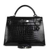 Vintage Hermes Kelly Sellier 32 Black Shiny Porosus Crocodile Palladium Hardware - Thumbnail View 1