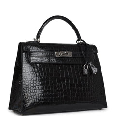 Vintage Hermes Kelly Sellier 32 Black Shiny Porosus Crocodile Palladium Hardware