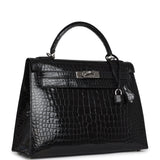 Vintage Hermes Kelly Sellier 32 Black Shiny Porosus Crocodile Palladium Hardware - Thumbnail View 2