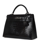 Vintage Hermes Kelly Sellier 32 Black Shiny Porosus Crocodile Palladium Hardware - Thumbnail View 5