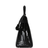 Vintage Hermes Kelly Sellier 32 Black Shiny Porosus Crocodile Palladium Hardware - Thumbnail View 3
