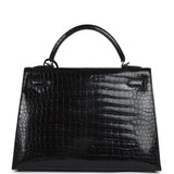 Vintage Hermes Kelly Sellier 32 Black Shiny Porosus Crocodile Palladium Hardware - Thumbnail View 4