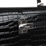 Vintage Hermes Kelly Sellier 32 Black Shiny Porosus Crocodile Palladium Hardware - Thumbnail View 7