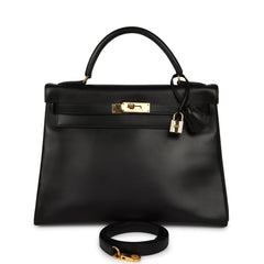 Vintage Hermes Kelly Retourne 32 Black Box Gold Hardware
