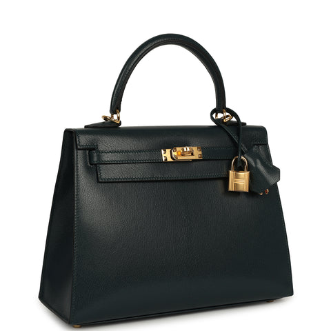Hermes Kelly Sellier 25 Vert Cypress Chevre Chamkila Gold Hardware