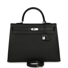 Pre-owned Hermes Kelly Sellier 35 Black Epsom Palladium Hardware