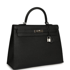 Pre-owned Hermes Kelly Sellier 35 Black Epsom Palladium Hardware