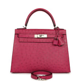 Pre-owned Hermes Kelly Sellier 28 Rose Poupre Ostrich Palladium Hardware - Thumbnail View 1