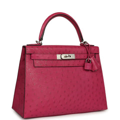 Pre-owned Hermes Kelly Sellier 28 Rose Poupre Ostrich Palladium Hardware