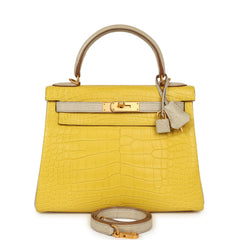 Hermes Special Order (HSS) Kelly Retourne 28 Mimosa, Beton Matte Alligator Brushed Gold Hardware