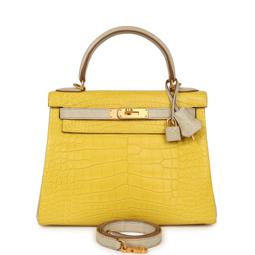 Hermes Special Order (HSS) Kelly Retourne 28 Mimosa, Beton Matte Alligator Brushed Gold Hardware