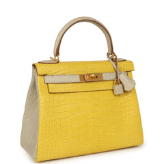Hermes Special Order (HSS) Kelly Retourne 28 Mimosa, Beton Matte Alligator Brushed Gold Hardware