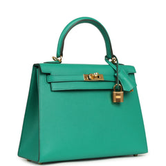 Pre-owned Hermes Kelly Sellier 25 Vert Jade Epsom Gold Hardware