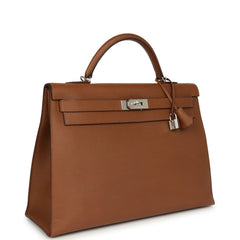 Pre-owned Hermes Kelly Sellier 42 Maxi Alezan Buffalo Palladium Hardware
