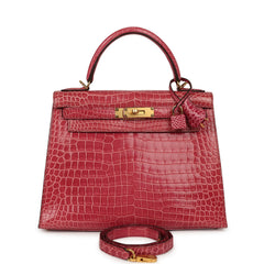Pre-owned Hermes Kelly Sellier 28 Fuchsia Shiny Porosus Crocodile Gold Hardware