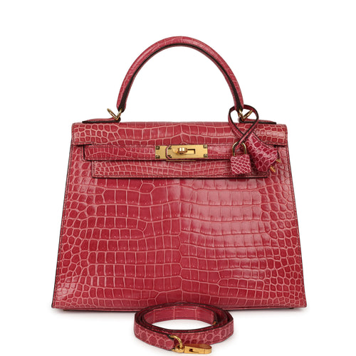 Pre-owned Hermes Kelly Sellier 28 Fuchsia Shiny Porosus Crocodile Gold Hardware