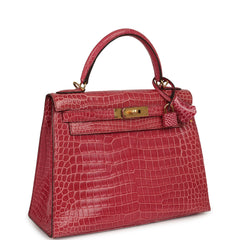 Pre-owned Hermes Kelly Sellier 28 Fuchsia Shiny Porosus Crocodile Gold Hardware