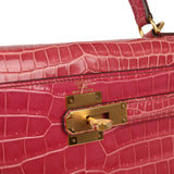 Pre-owned Hermes Kelly Sellier 28 Fuchsia Shiny Porosus Crocodile Gold Hardware - Thumbnail View 7