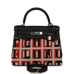 Hermes "Lettres Au Carre" Kelly Retourne 28 Black Swift and Ecru, Capucine, Bleu Indigo Toile De Camp Palladium Hardware