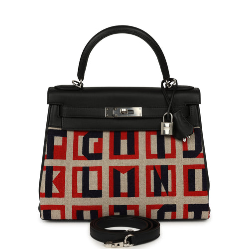 Hermes "Lettres Au Carre" Kelly Retourne 28 Black Swift and Ecru, Capucine, Bleu Indigo Toile De Camp Palladium Hardware
