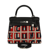 Hermes "Lettres Au Carre" Kelly Retourne 28 Black Swift and Ecru, Capucine, Bleu Indigo Toile De Camp Palladium Hardware - Thumbnail View 1