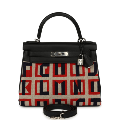 Hermes "Lettres Au Carre" Kelly Retourne 28 Black Swift and Ecru, Capucine, Bleu Indigo Toile De Camp Palladium Hardware