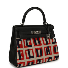 Hermes "Lettres Au Carre" Kelly Retourne 28 Black Swift and Ecru, Capucine, Bleu Indigo Toile De Camp Palladium Hardware