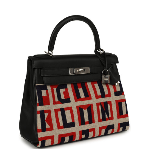 Hermes "Lettres Au Carre" Kelly Retourne 28 Black Swift and Ecru, Capucine, Bleu Indigo Toile De Camp Palladium Hardware