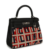 Hermes "Lettres Au Carre" Kelly Retourne 28 Black Swift and Ecru, Capucine, Bleu Indigo Toile De Camp Palladium Hardware - Thumbnail View 2