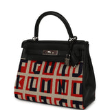 Hermes "Lettres Au Carre" Kelly Retourne 28 Black Swift and Ecru, Capucine, Bleu Indigo Toile De Camp Palladium Hardware - Thumbnail View 5