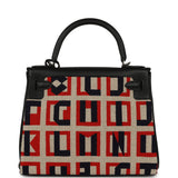 Hermes "Lettres Au Carre" Kelly Retourne 28 Black Swift and Ecru, Capucine, Bleu Indigo Toile De Camp Palladium Hardware - Thumbnail View 4