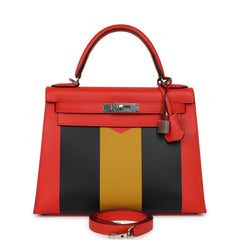 Hermes Kellygraphie Kelly Sellier 28 "Lettre M" Capucine, Bleu Obscur, Jaune Ambre Epsom, Sombrero, Chevre Mysore Palladium Hardware